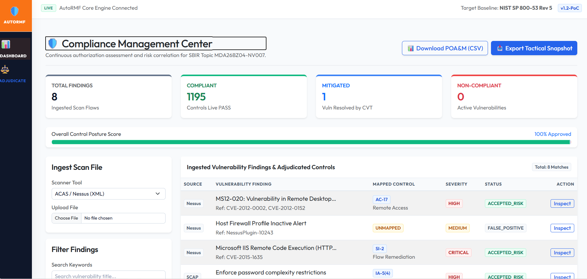 AutoRMF dashboard overview showing compliance-aware vulnerability insights